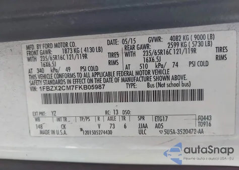 2015 Ford Transit-350 Xlt z USA, uszkodzony, nr VIN 1FBZX2CM7FKB05987